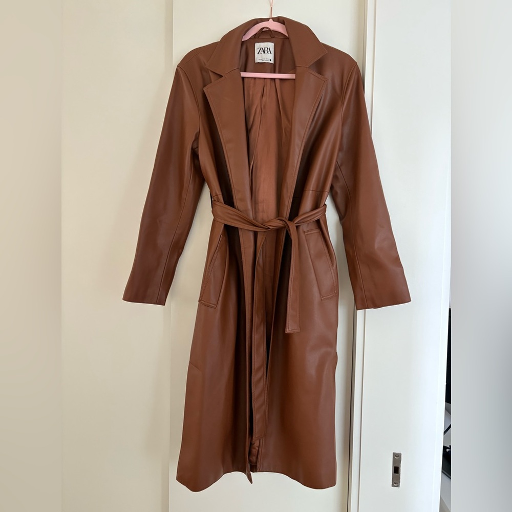 Zara Women's Faux Brown Leather Belted Coat
